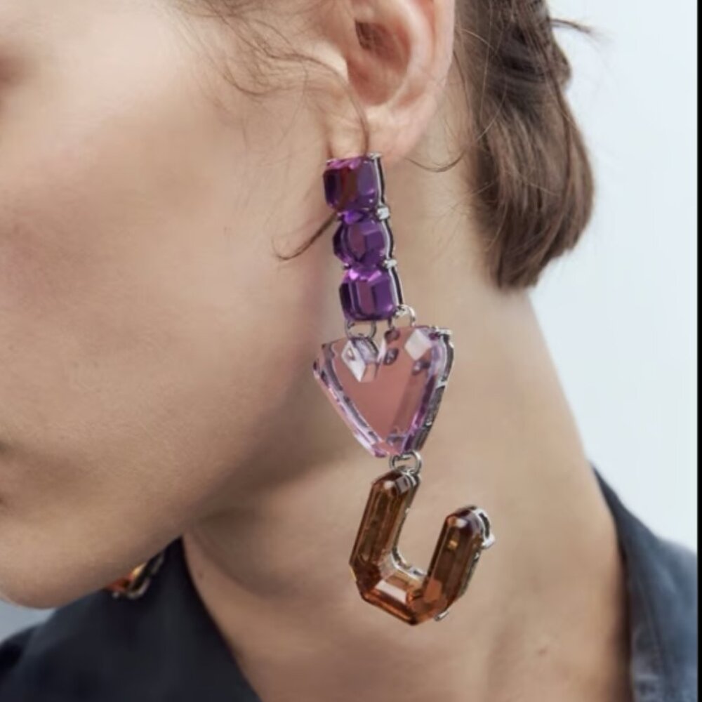 Zara I Love You Heart Purple Acrylic Crystal Drop Statement Earrings